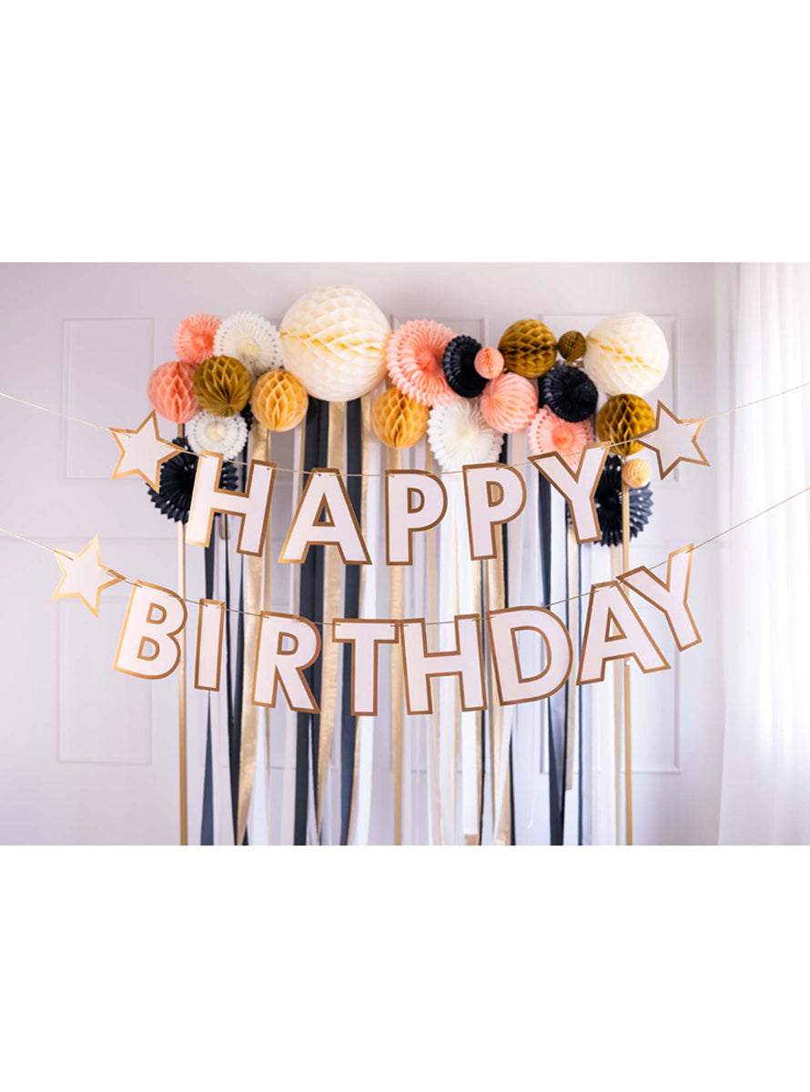 Happy Birthday 3m Long White and Gold Party Banner - Lifestyle Image