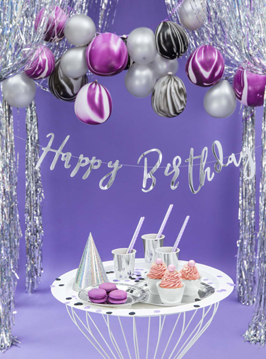 Happy Birthday 62cm Silver Script Party Banner - Lifestyle Image 1