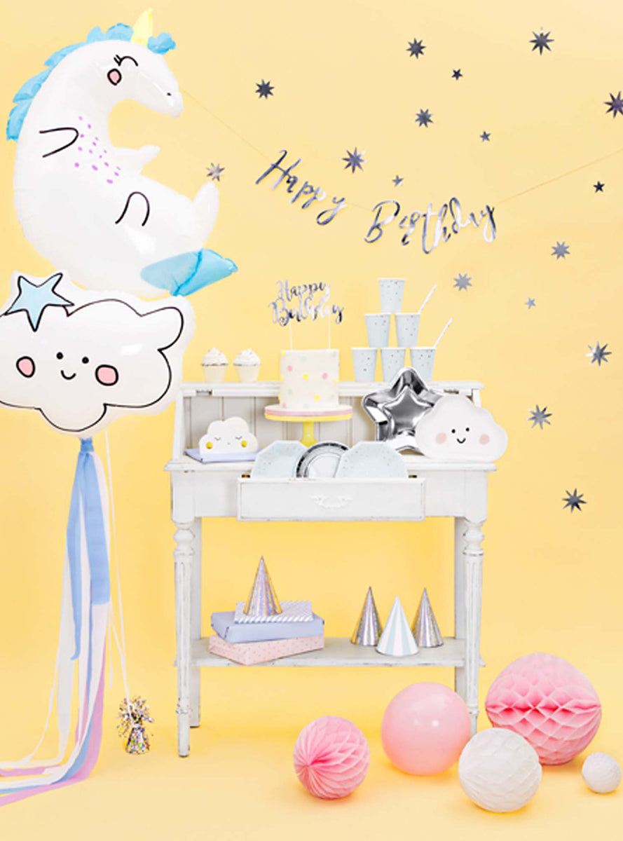 Happy Birthday 62cm Silver Script Party Banner - Lifestyle Image 2