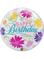 Image of Happy Birthday Floral Print 55cm Clear Bubble Balloon