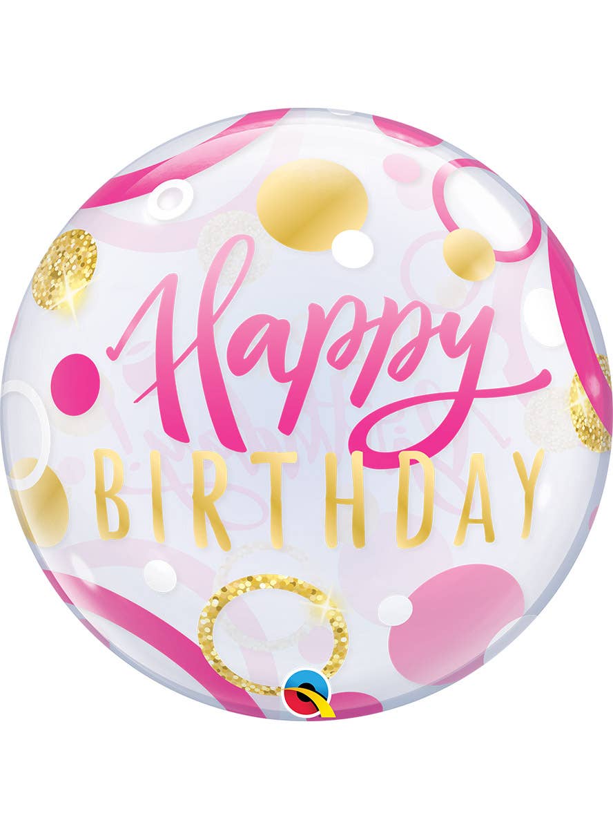 Image of Happy Birthday Pink And Gold Dots 55cm Clear Bubble Balloon

