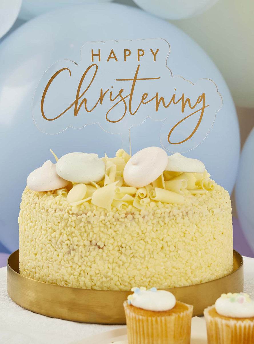 Happy Christening 16cm Gold Acrylic Cake Topper - Lifestyle Image 1