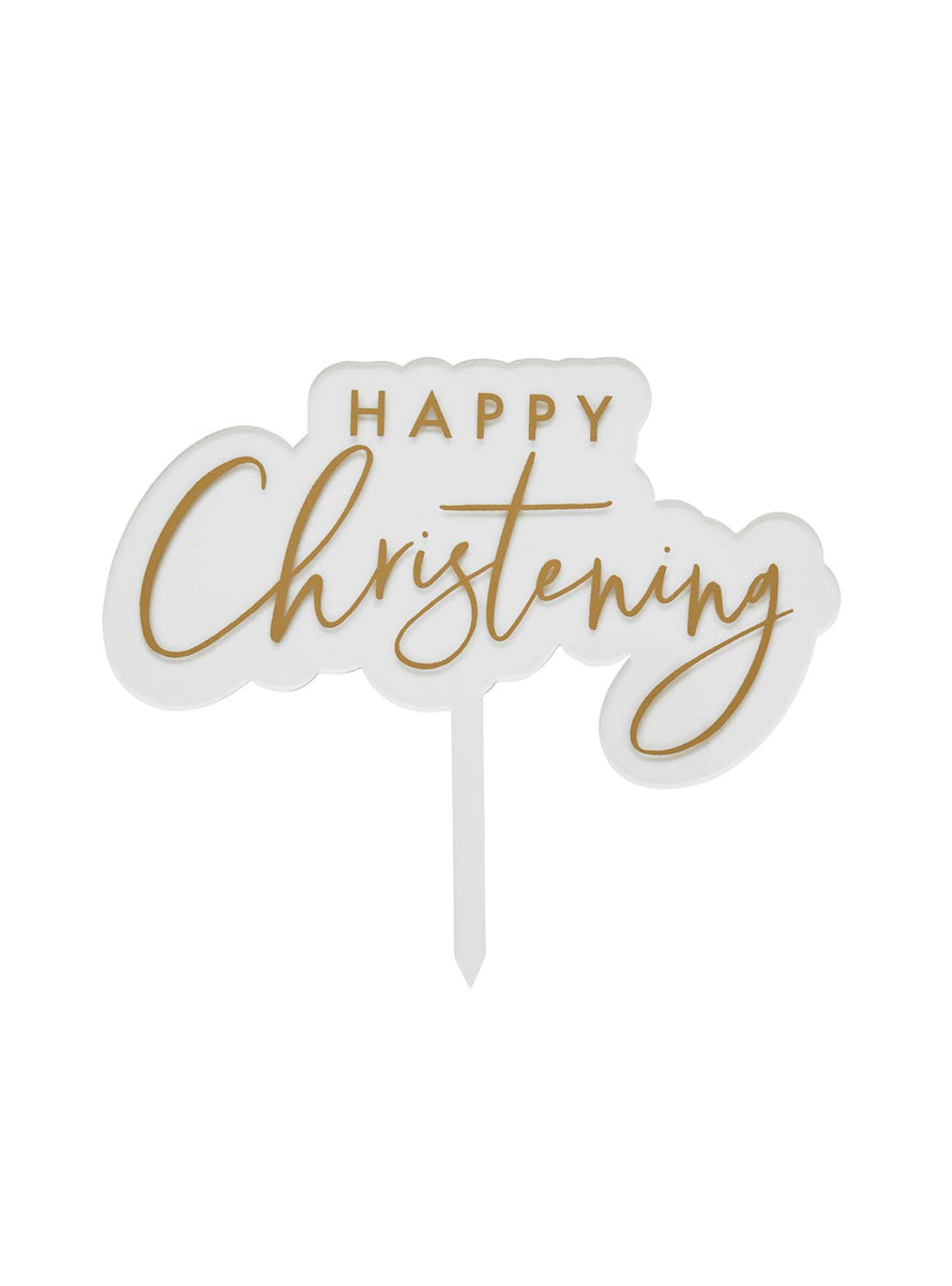 Happy Christening 16cm Gold Acrylic Cake Topper - Main Image