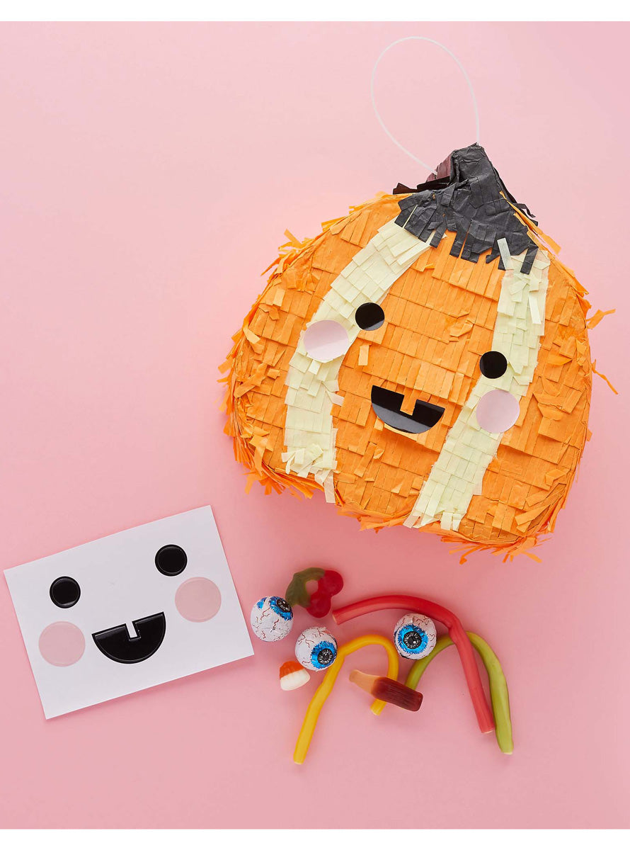 Happy Halloween 20cm Orange Pumpkin Pinata with Face Stickers - Lifestyle Image 1