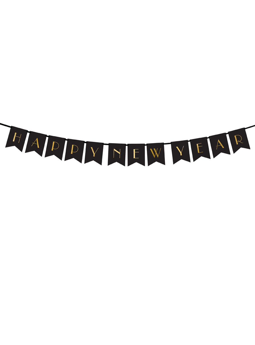 Happy New Year 1.7m Black and Gold Pennant Flag Banner – Main Image