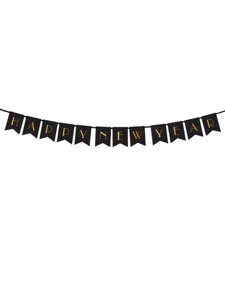 Happy New Year 1.7m Black and Gold Pennant Flag Banner – Main Image