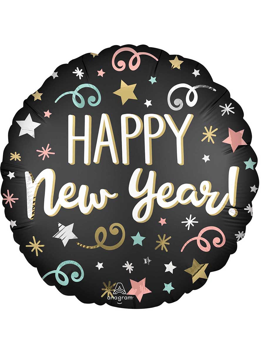 Confetti Print Round Happy New Year Self Sealing Foil Balloon