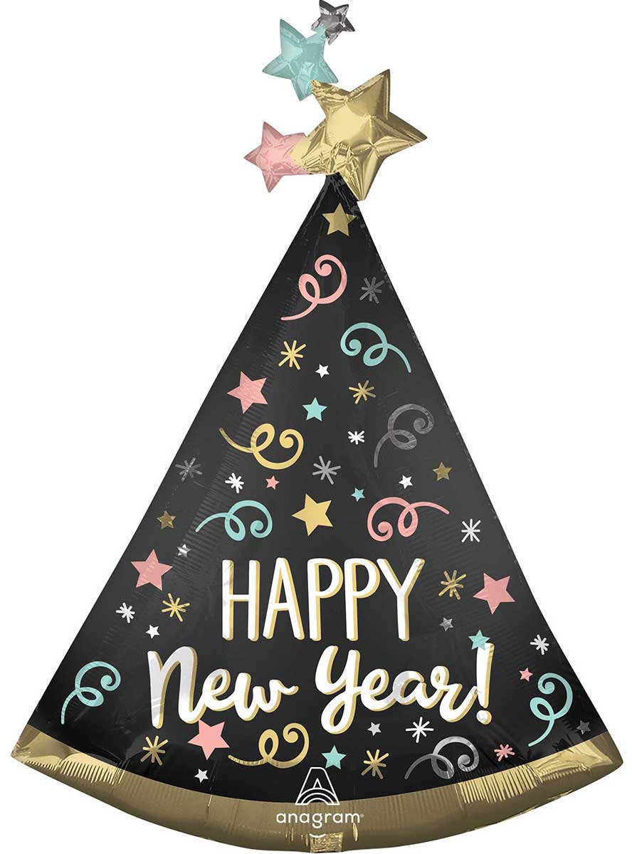 Hat Confetti Print 91cm Supershape Happy New Year Foil Balloon