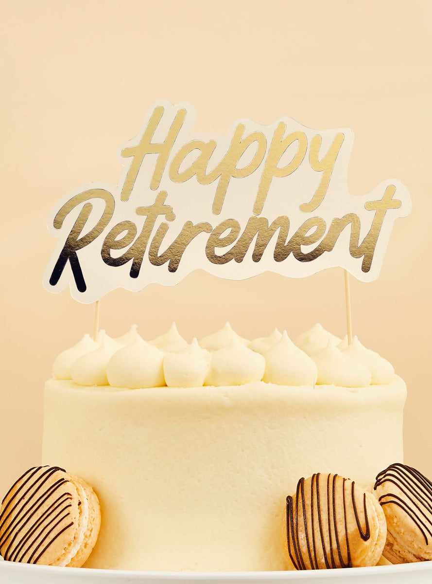 Happy Retirement 20cm Gold Card Cake Topper - Lifestyle Image