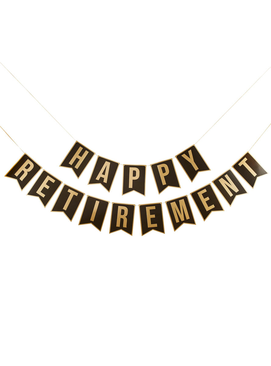 Happy Retirement 220cm Long Black and Gold Banner - Main Image