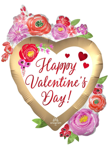 Happy Valentines Day Satin Watercolour Floral 86cm Supershape Foil Balloon - Main Image