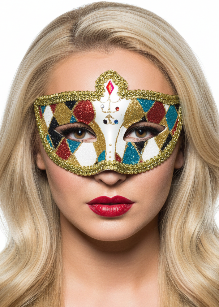 Womens Glitter Venetian Harlequin Masquerade Mask with Gold Braid Trim - Main Image