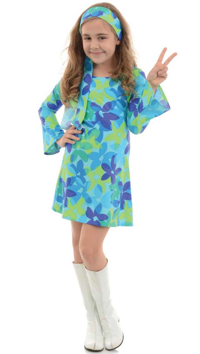 Girls Blue Green Floral Hippie  Costume Dress - Main Image