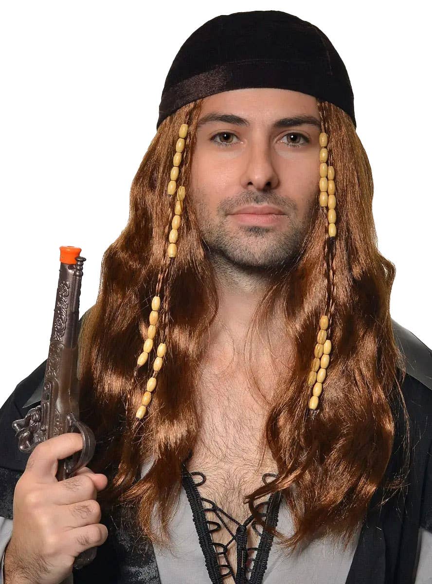 Image of Long Brown Men's Pirate Costume Wig with Bandanna - Main Image