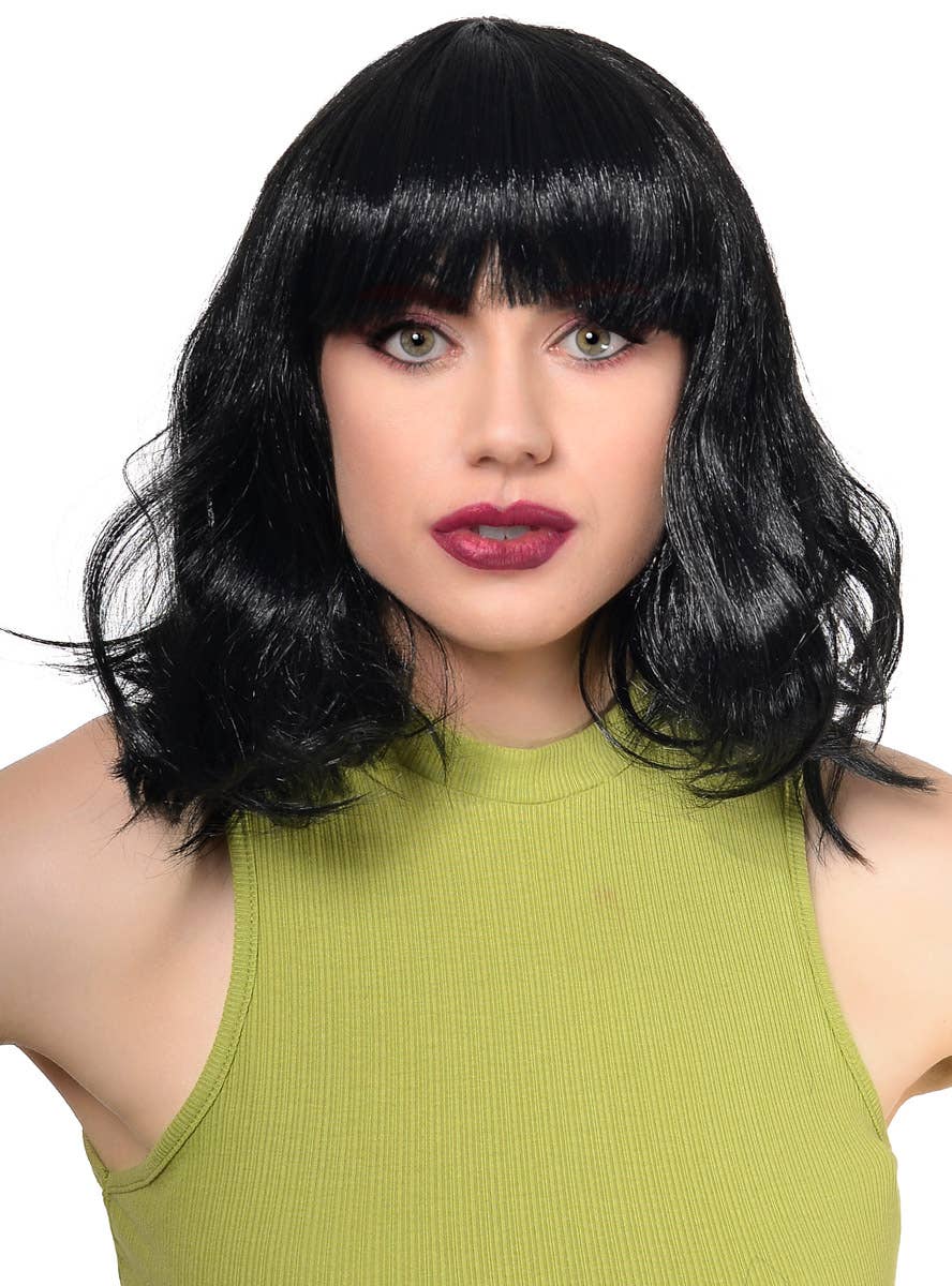 Mid Length Messy Black Bob Costume Wig for Women with Front Fringe
