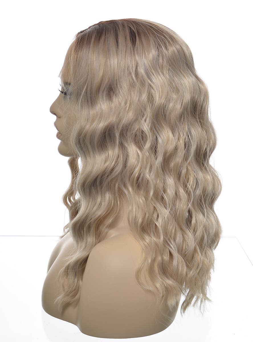 Mid-Length Womens Ash Blonde Wavy Synthetic Fashion Wig with Brown Roots and Lace Front - Side Dummy Image