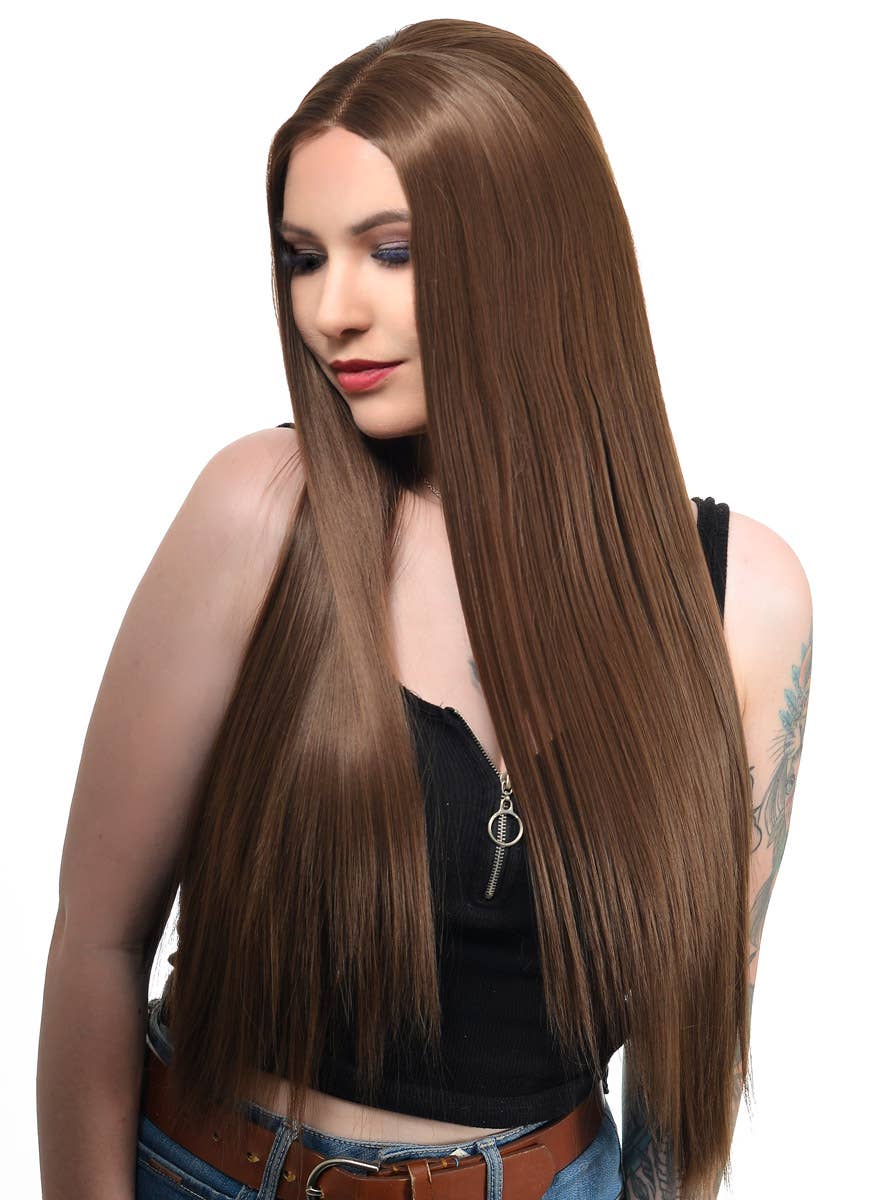 Womens Extra Long Chocolate Brown Straight T-Part Lace Front Fashion Wig - Side Image
