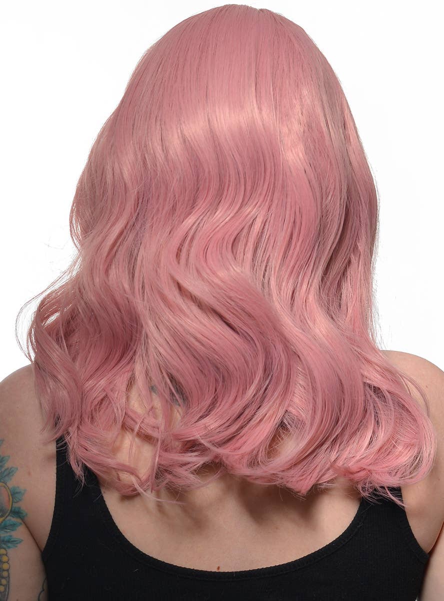Womens Shoulder Length Dusty Pink Wavy Synthetic Fashion Wig with T-Part Lace Front - Back Image