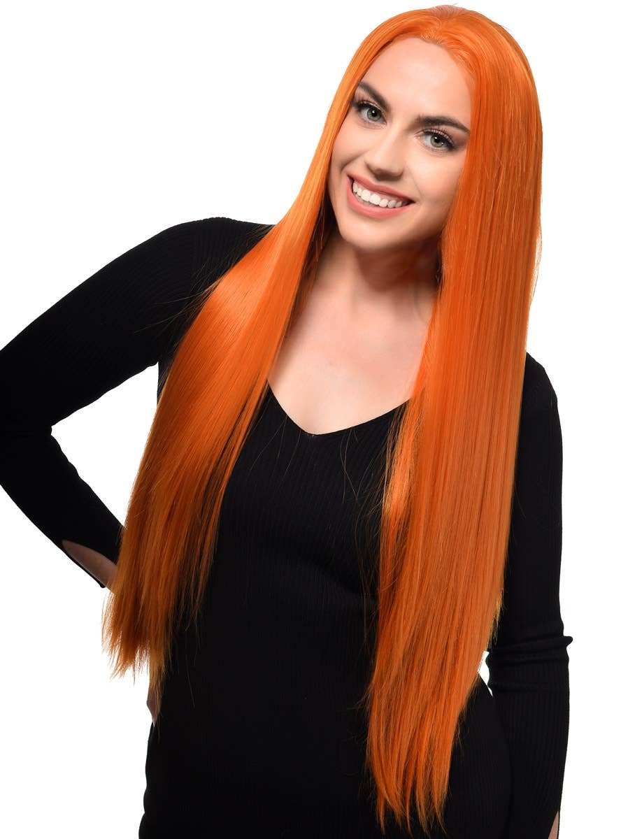 Extra Long Womens Ginger Orange Synthetic Fashion Wig with Lace Front - Front Image