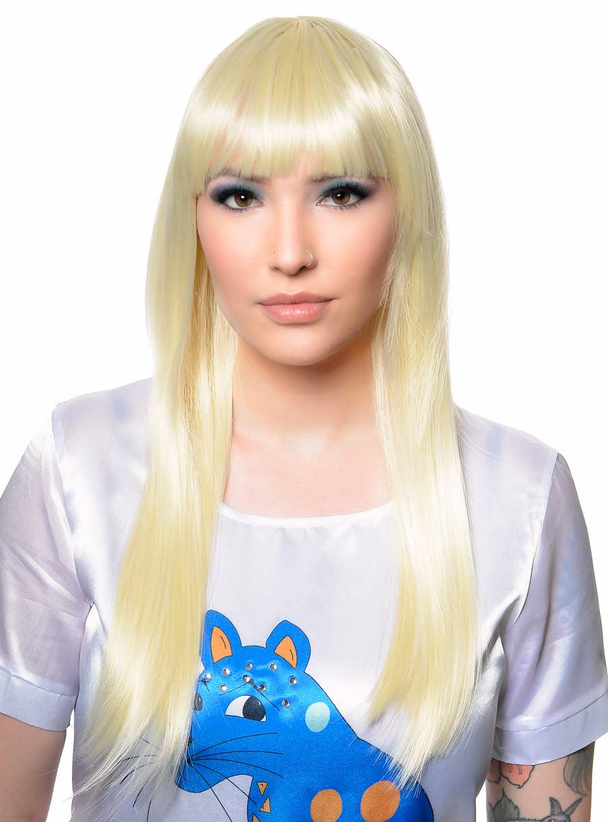 Long Straight Blonde Heat Resistant ABBA Wig with Skin Top and Fringe - Front View