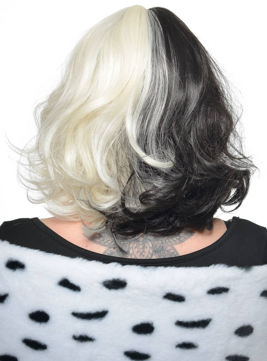 Deluxe Short Curly Black and White Heat Resistant Cruella De Vil Costume Wig with Fringe - Back View 