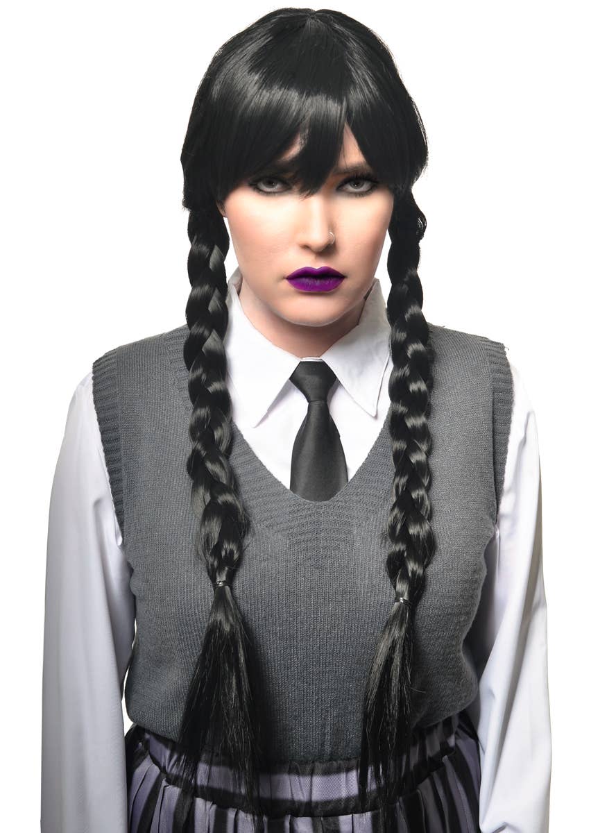 Image of Wednesday Black Braided Women's Halloween Wig with Bangs - Main Image
