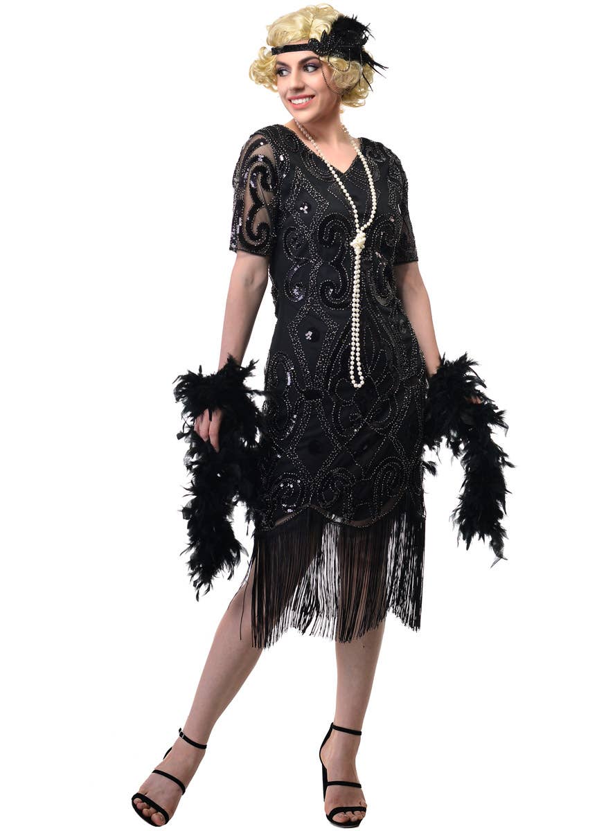 Womens Long Black Gatsby Flapper Dress with Short Mesh Sleeves and Sequins - Front Image