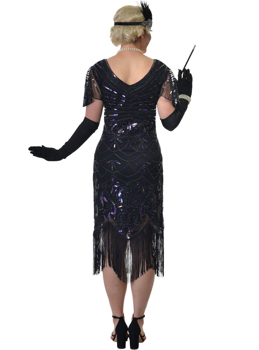 Womens Long Black Gatsby Flapper Dress with Shiny Iridescent Sequins, Cap Sleeve and Black Fringing - Back Image