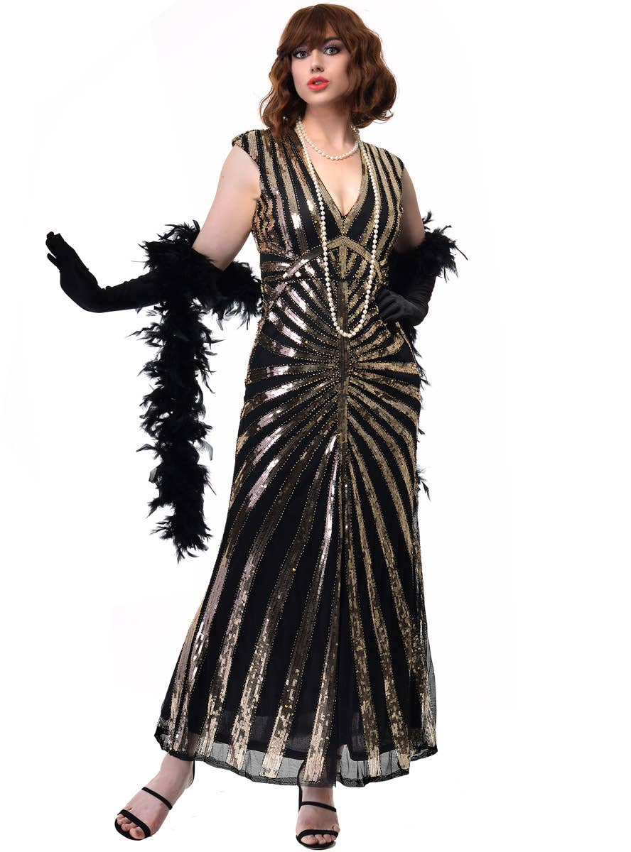 Womens Black and Gold 1930s Dress Long Hollywood Costume Dress