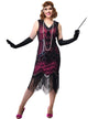 Plus Size Women's Long Hot Pink Flapper Dress with Black Sequins and Fringing - Front Image