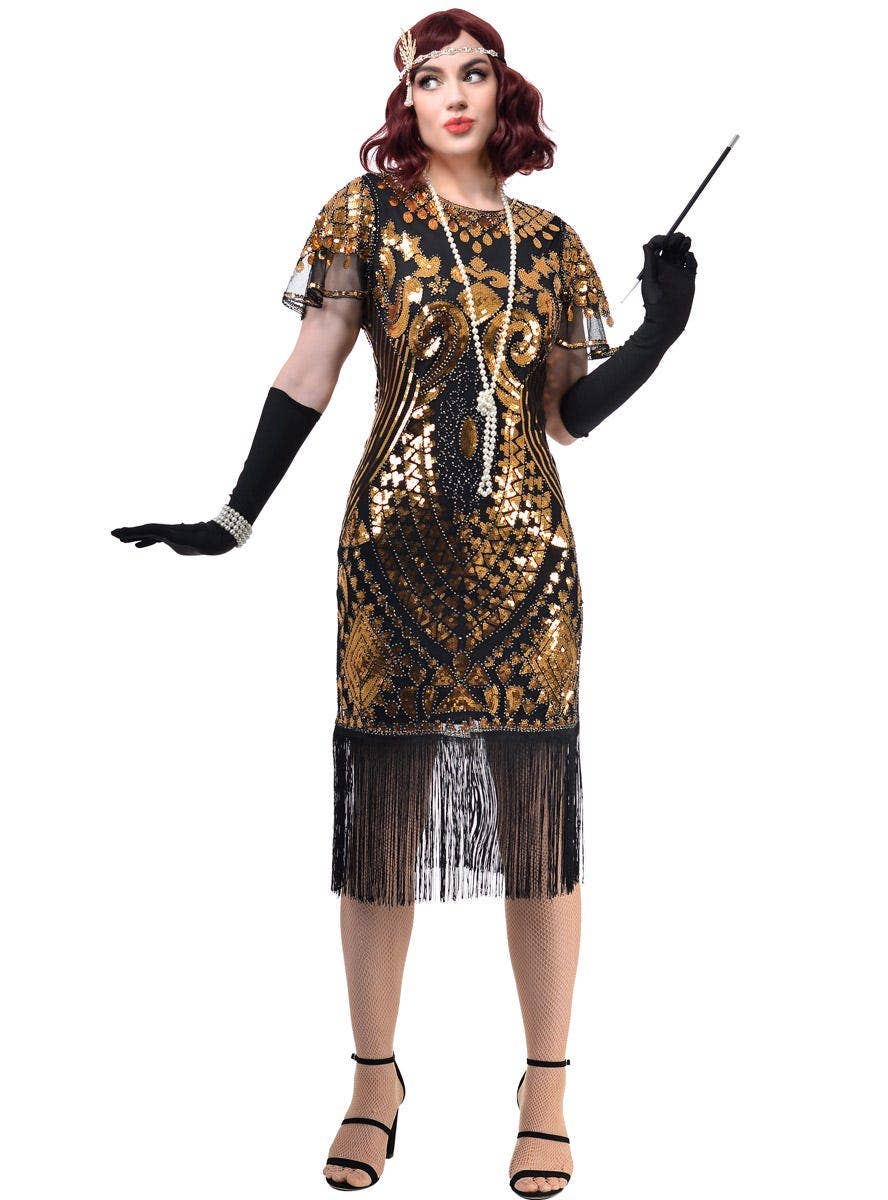 Womens Plus Size Black Gatsby Costume Dress with Extravagant Gold Sequins and Mesh Cap Sleeves - Front Image