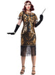 Womens Plus Size Black Gatsby Costume Dress with Extravagant Gold Sequins and Mesh Cap Sleeves - Front Image