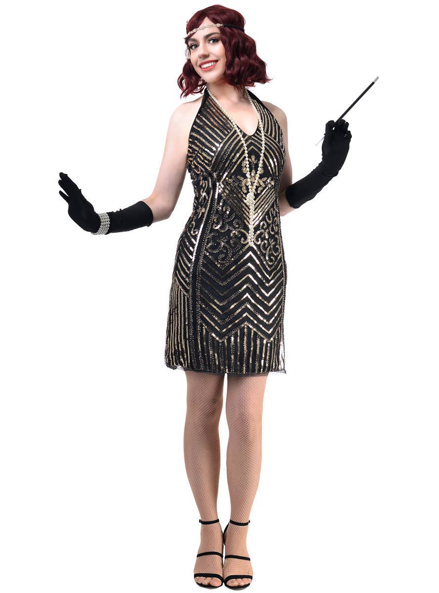 Black & Gold Sequin Gatsby Dress | Womens Short 1920s Costume Dress Black & Gold Sequin Gatsby Dress | Womens Short 1920s Costume Dress