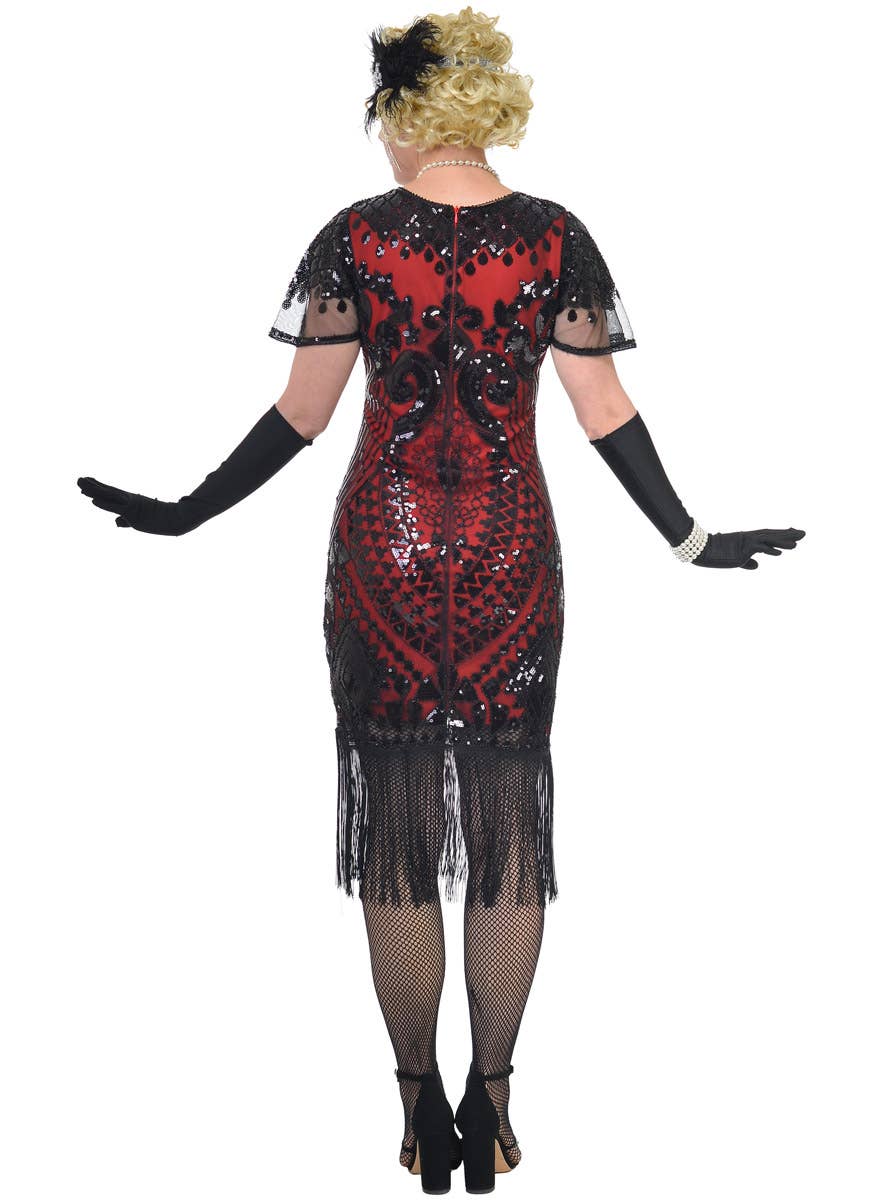 Plus Size Womens Red Gatsby Dress with Black Sequins, Fringing and Mesh Sleeves - Back Image