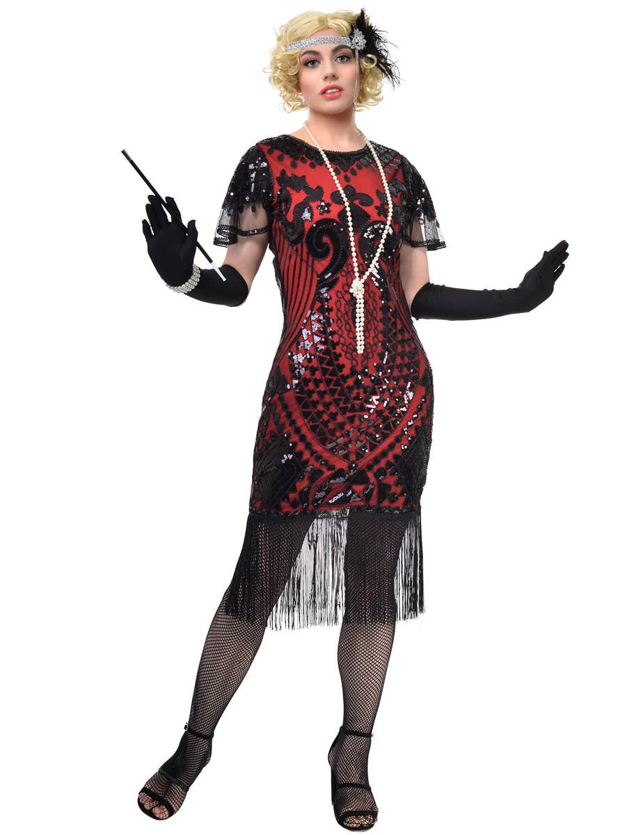 Plus Size Womens Red Gatsby Dress with Black Sequins, Fringing and Mesh Sleeves - Front Image