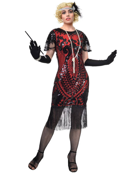 Plus Size Womens Red Gatsby Dress with Black Sequins, Fringing and Mesh Sleeves - Front Image