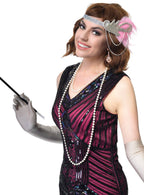 Pink and Silver Feather Headband, Cigarette Holder, Earrings, Gloves and Beads 5 Piece Flapper Set - Main Image