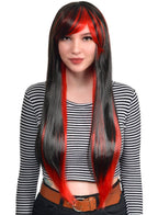 Extra Long Straight Black and Red Straight Costume Wig with Fringe - Front Image
