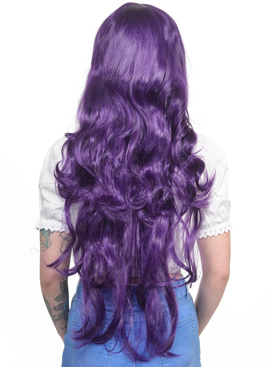 Womens Long Curly Dark Purple Costume Wig Back Image