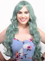 Womens Long Curly Dusty Green Costume Wig Front Image