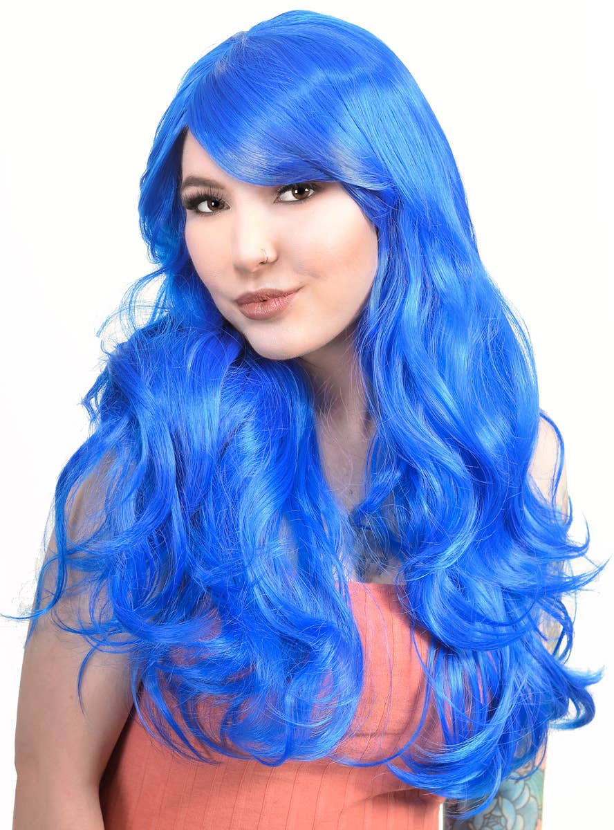 Wug Blue Wavy Royal Blue Womens Wig | Long Blue Costume Wig with Side Fringe