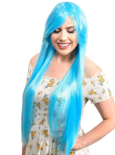 Light Blue Straight Extra Long Costume Wig Womens Long Blue Wig