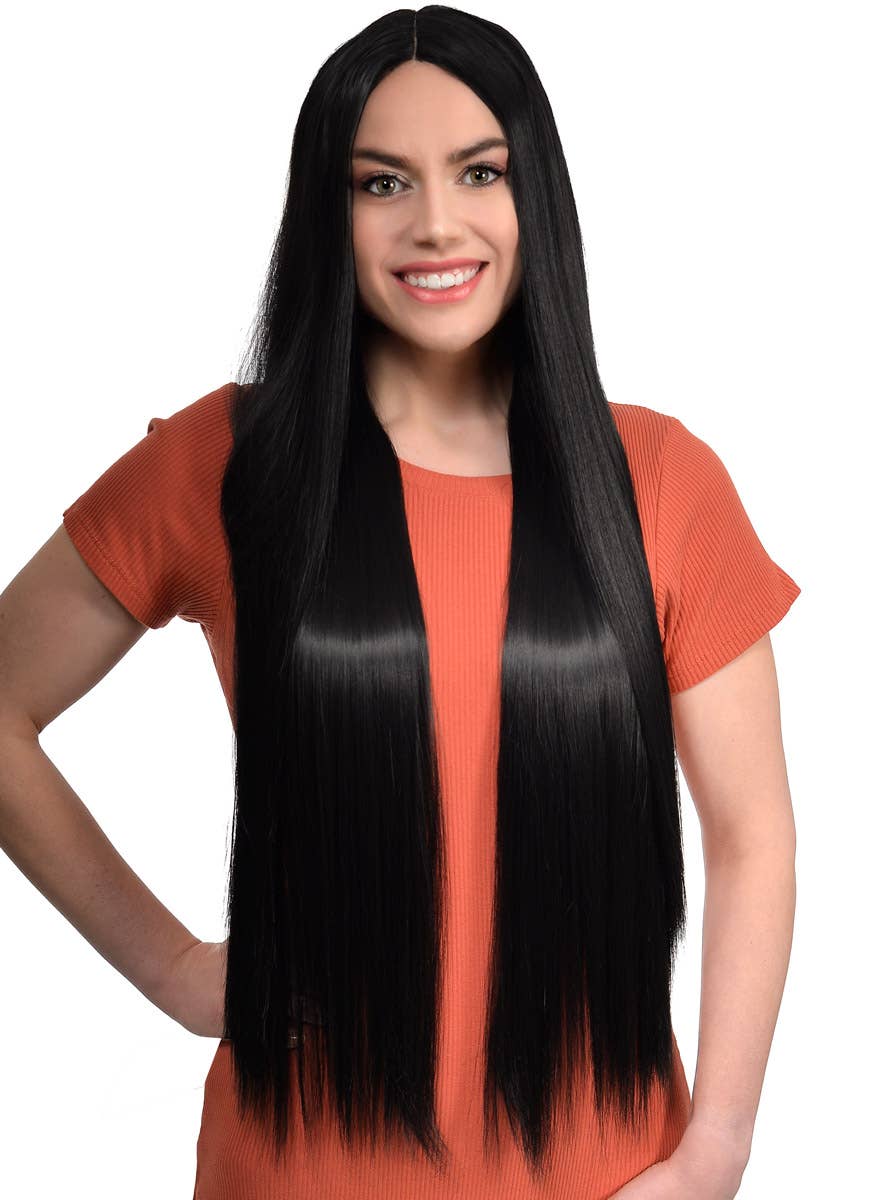 Women's Straight Extra Long Midnight Black Synthetic Fashion Wig with Lace Parting - Front Image