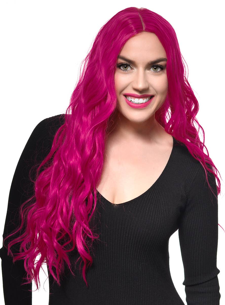 Women's Hot Raspberry Pink Synthetic Fashion Wig with Lace Parting - Alt Front Image