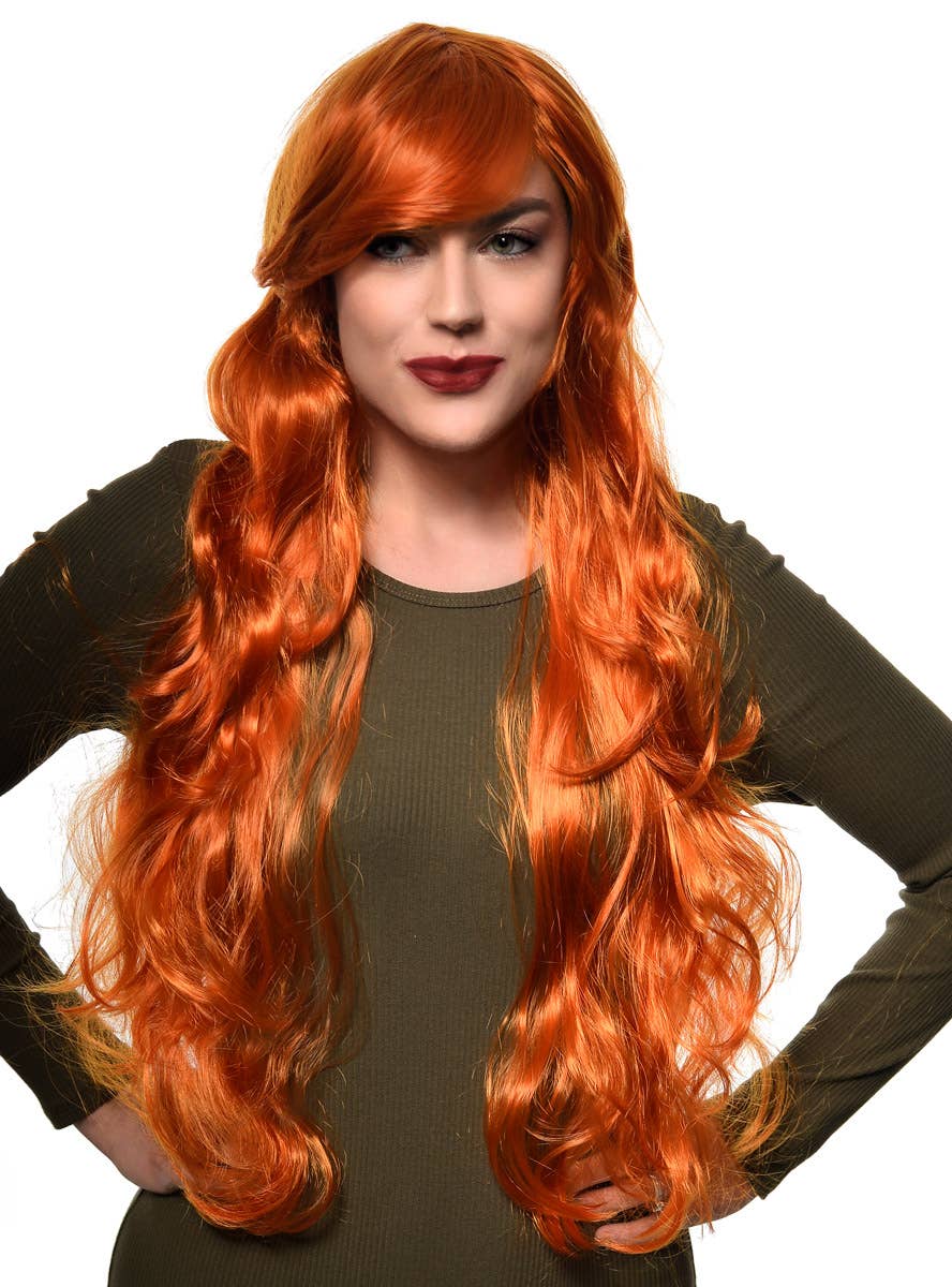 Extra Long Curly Orange Ginger Women's Costume Wig with Side Fringe - Front Image