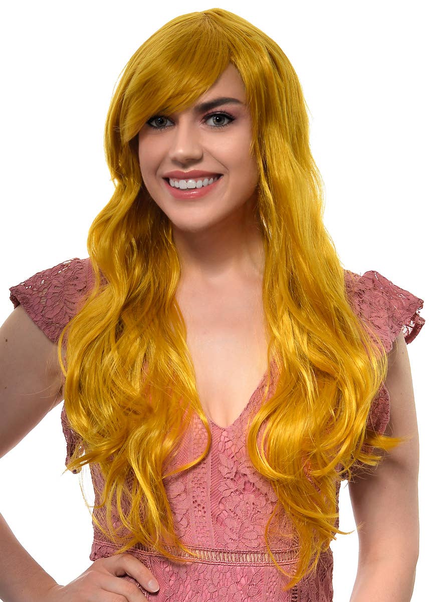 70cm Womens Long Curly Golden Ginger Synthetic Costume Wig - Front Image