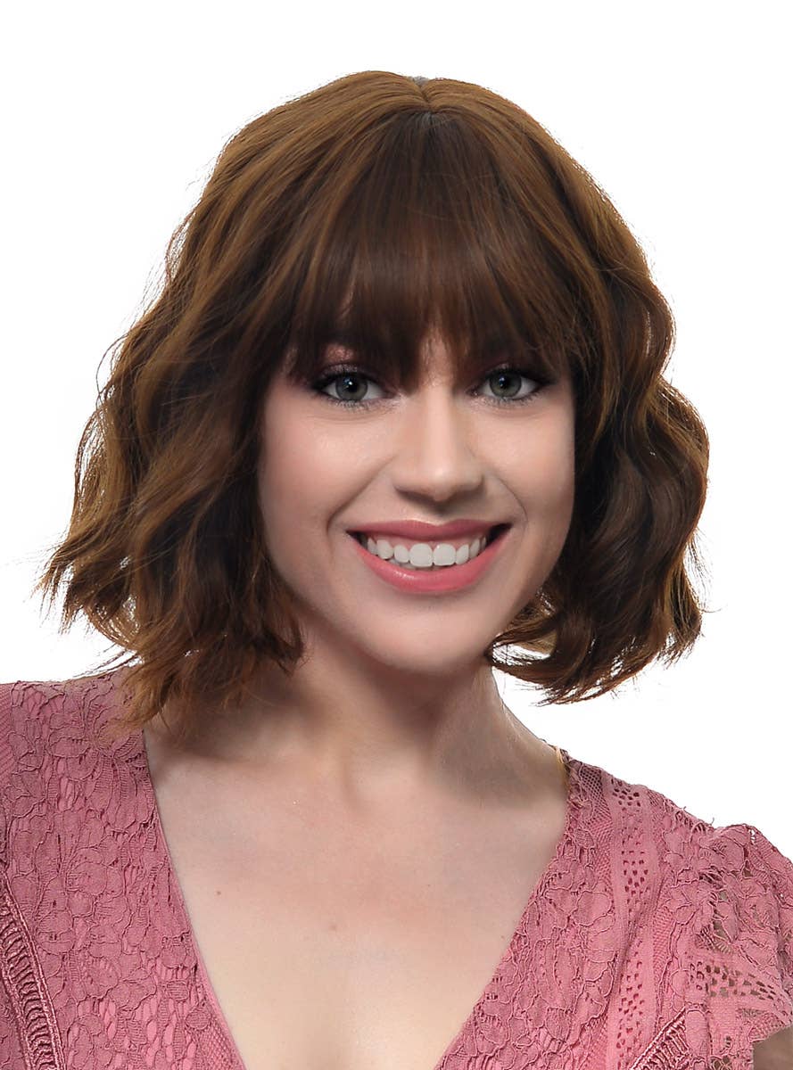 Women's Short Rich Brown Bob Wig with Loose Waves and Fringe - Front Image