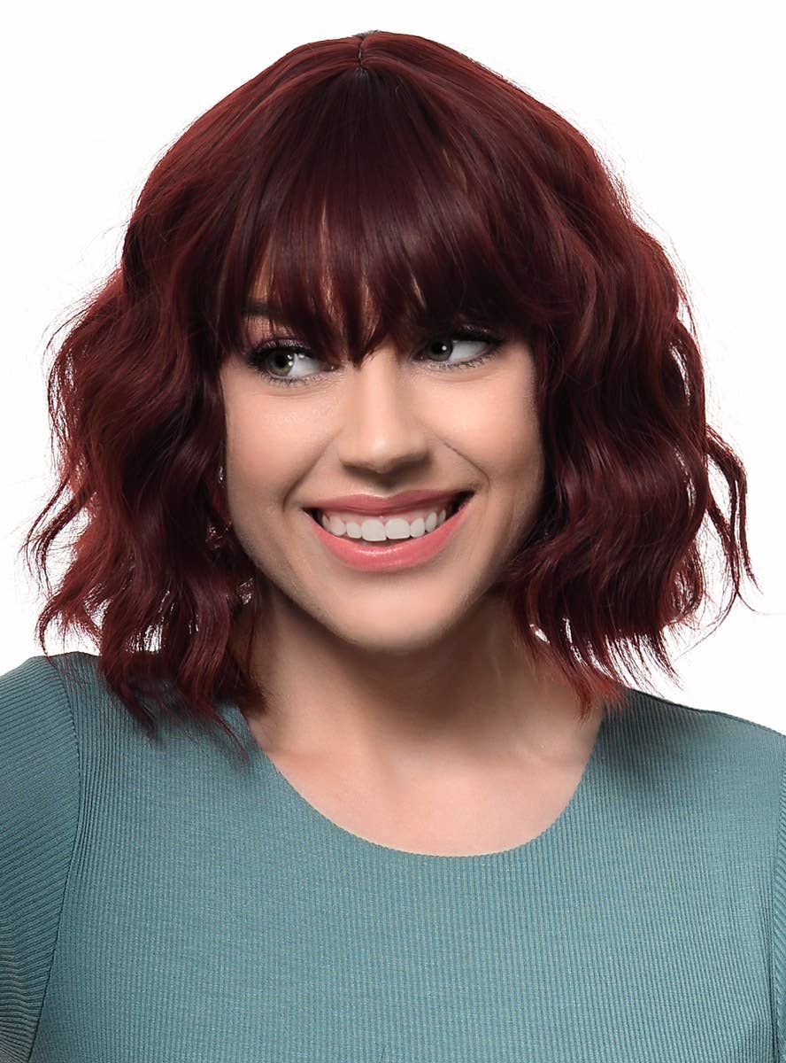 Women's Short Cherry Red Bob Wig with Loose Waves and Fringe - Front Image