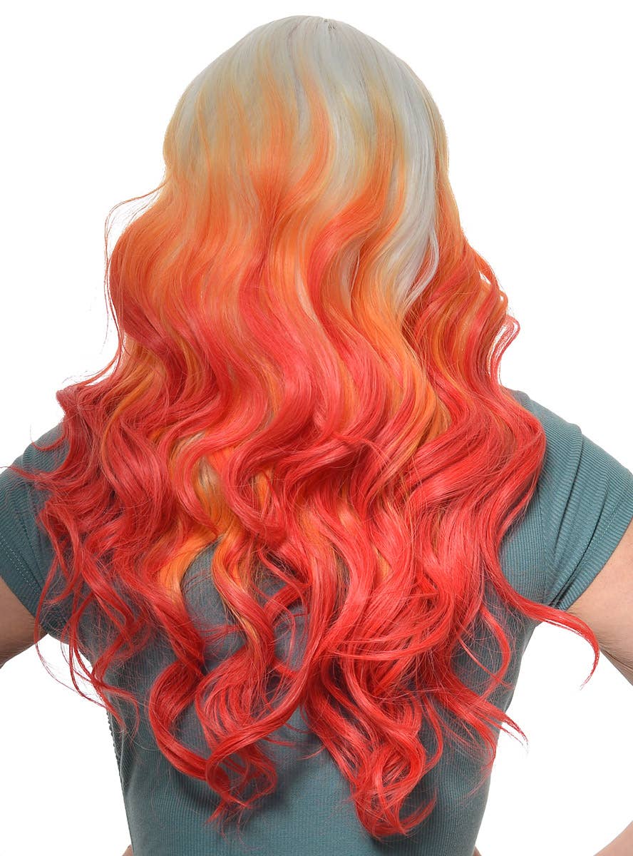 Red, Orange and White Long Wavy Ombre Fashion Wig with Lace Part - Back Image