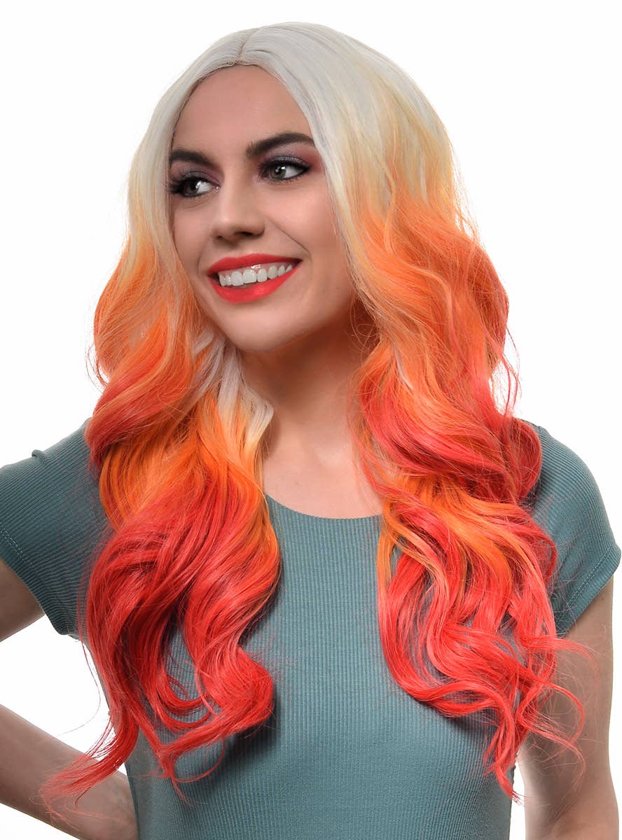 Red, Orange and White Long Wavy Ombre Fashion Wig with Lace Part - Side Image